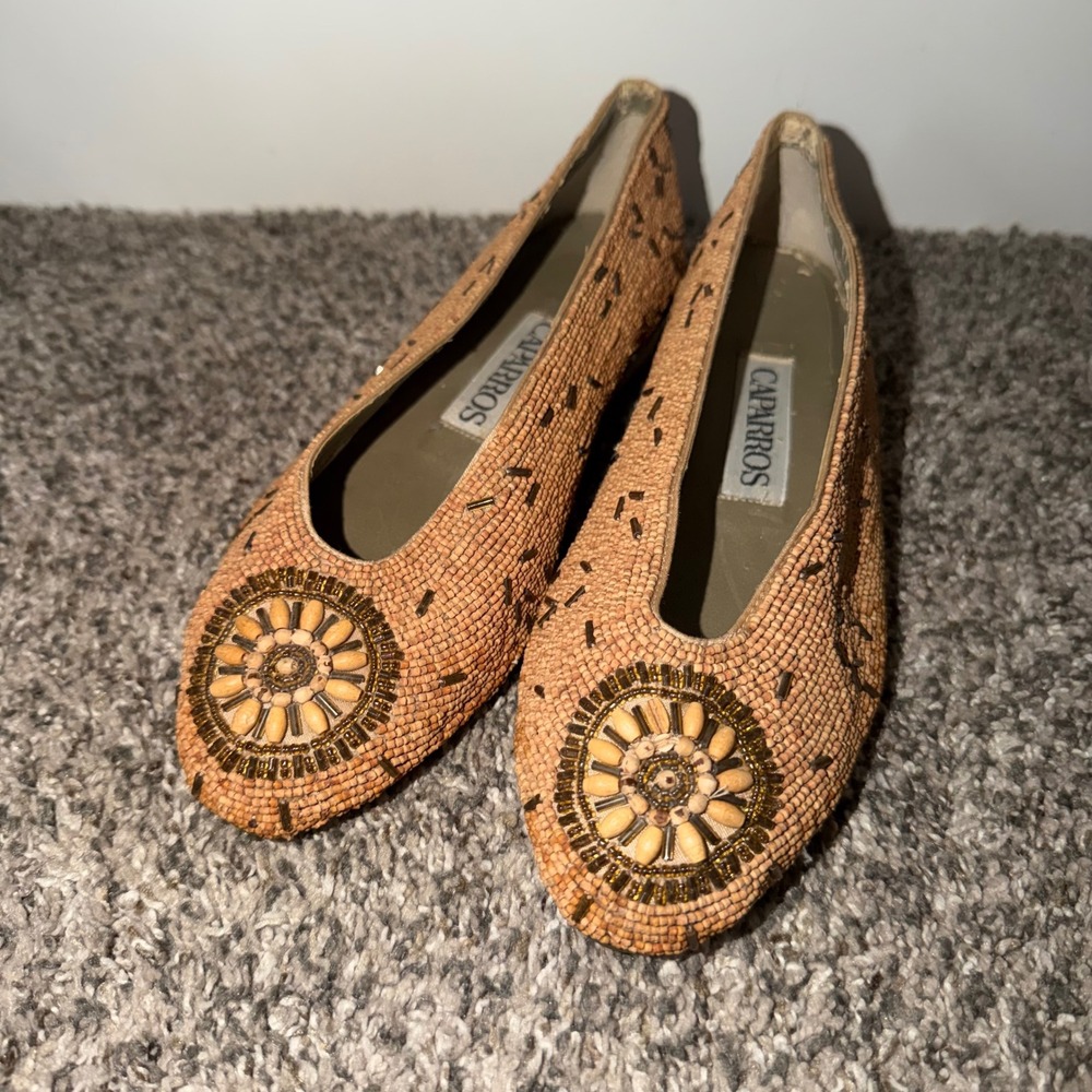 Caparros Vintage Beaded Flats Tan Sunburst Boho Slip On Shoes Womens 5.5B